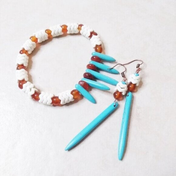 Coastal Cowgirl! Beaded Bracelet + 3" Earring Set: Howlite Spikes + Agate Beads - Picture 2 of 13